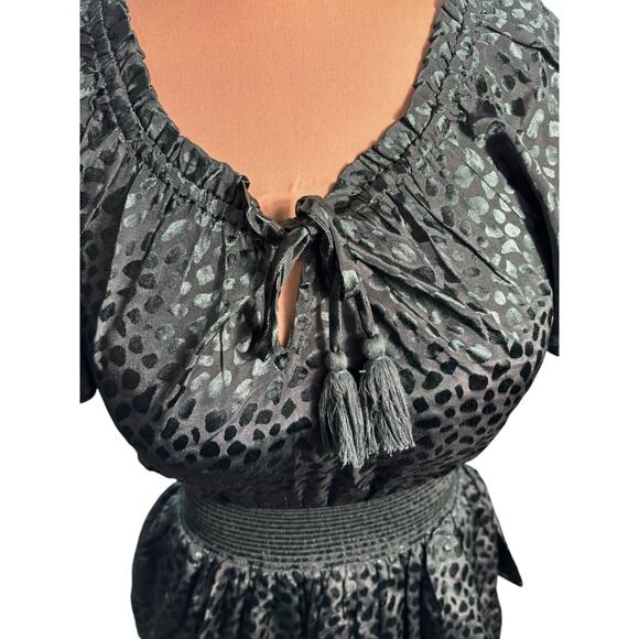 Bila 77 Mini Dress Sz. S - Satin, Forest Green, Tassle, Shirred, Tiered, NYE - Picture 4 of 4